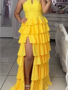JVN Yellow Ruffled High-Low Halter Evening Gown